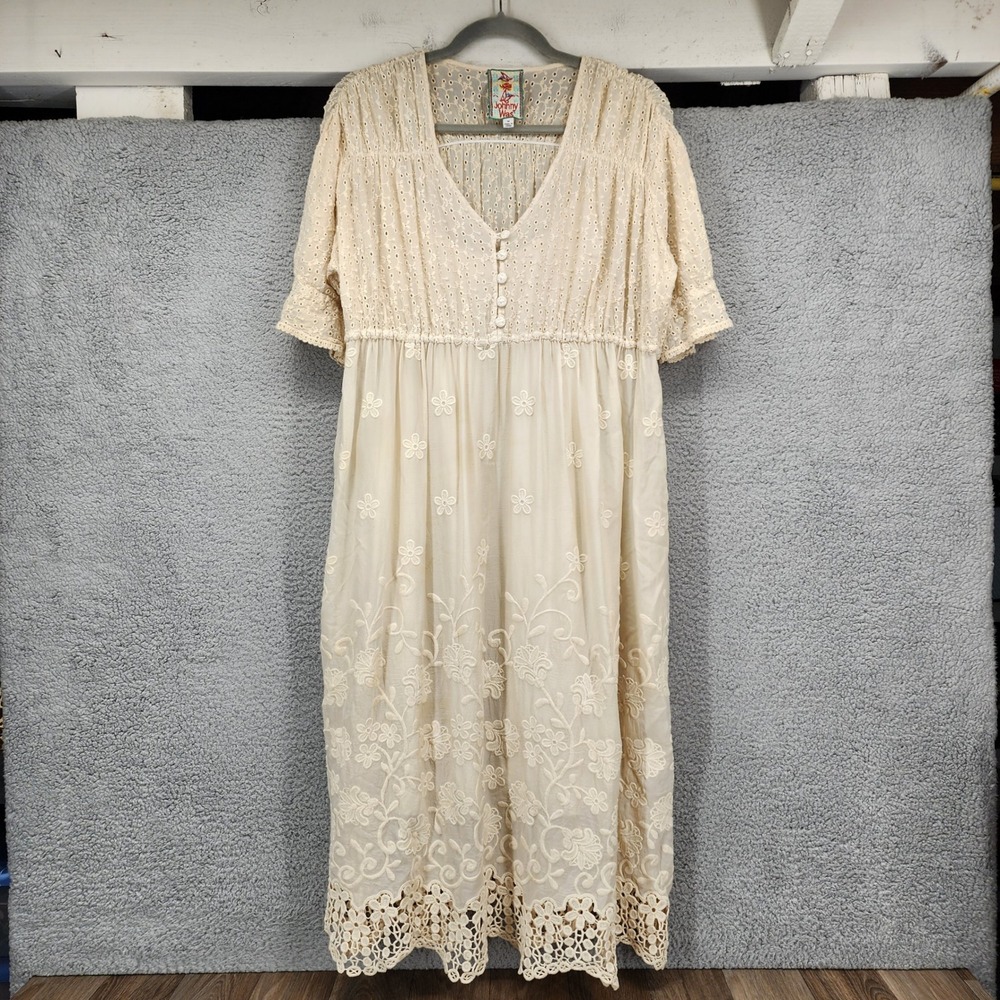 Johnny Was Cream Eyelet Embroidered Lace Midi Dress V-Neck Empire Waist Medium